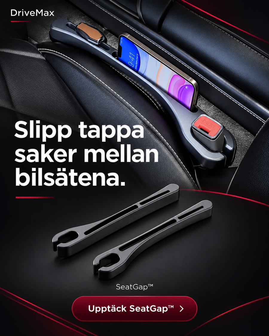 DriveMax SeatGap – annonsillustration med monterad svart förvaringslist och texten Slipp tappa saker mellan bilsätena.