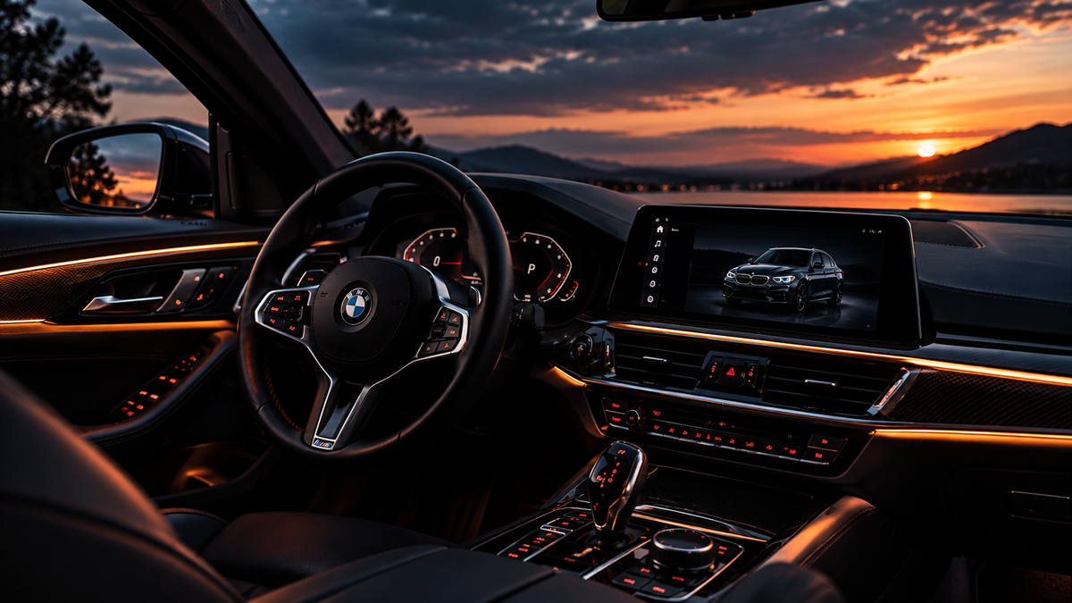 BMW-interiör med utsikt över en sjö i solnedgång